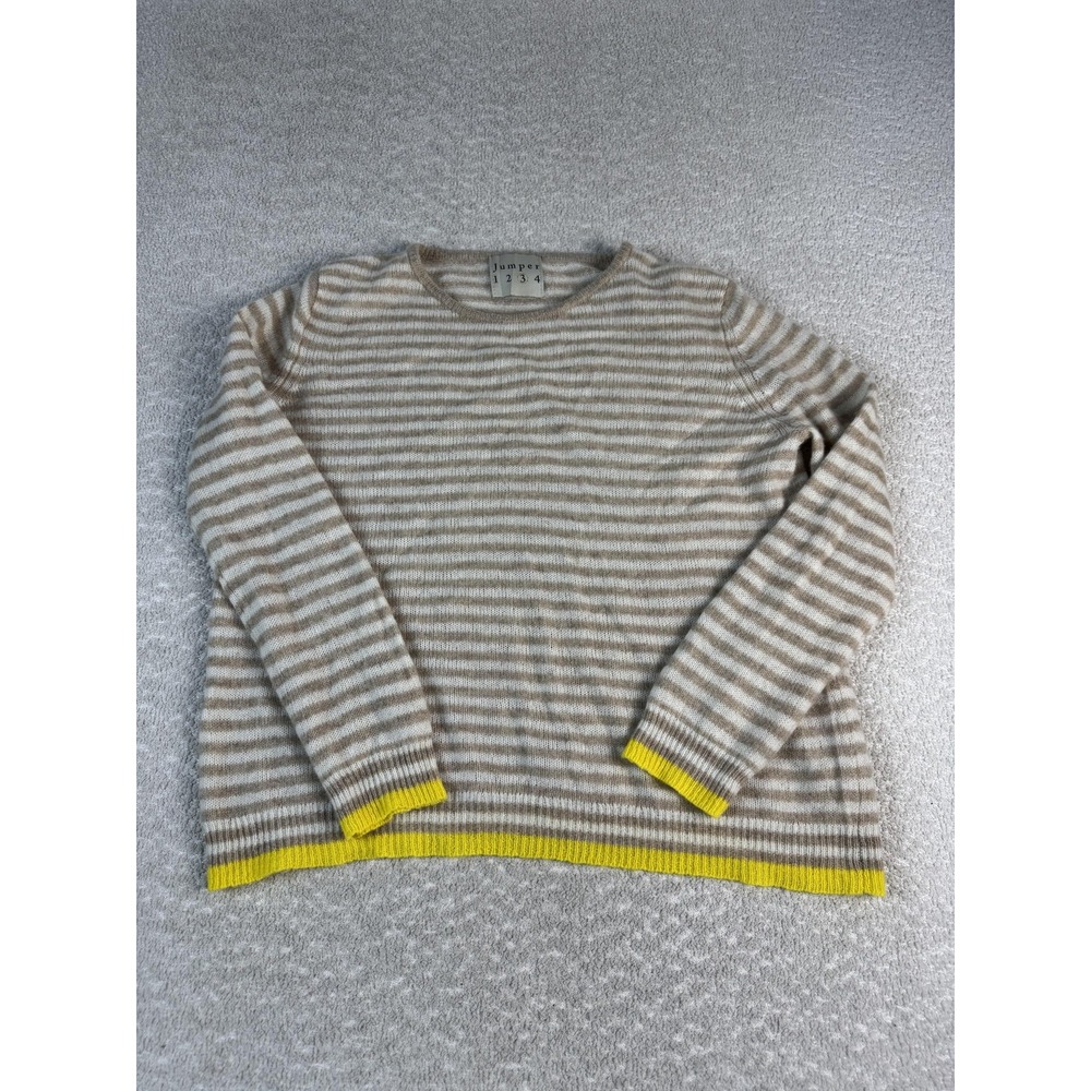 Jumper 1234 Sweater‎ Womens Medium Beige Stripe Crewneck Cashmere Yellow Trim
